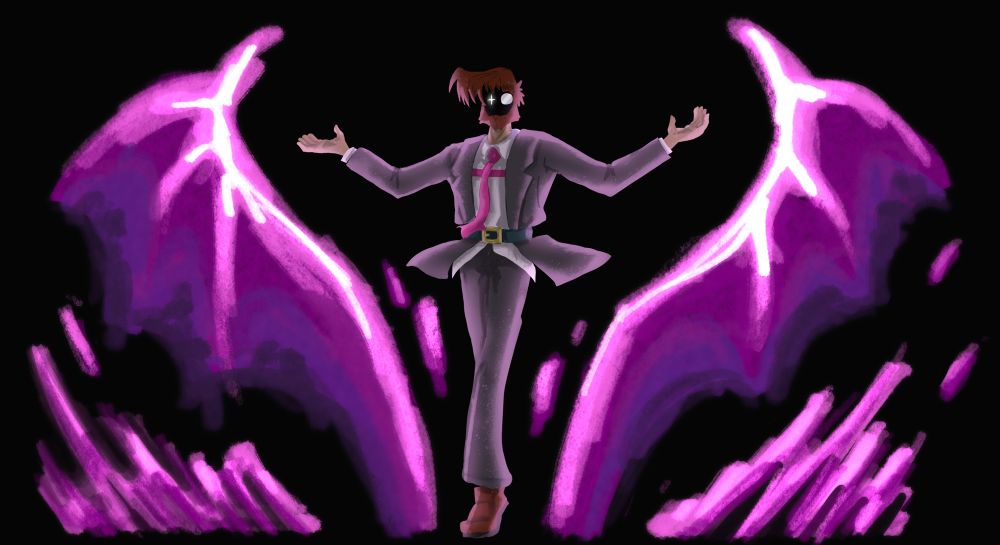 Slayer from Guilty Gear stands with one foot in front of the other and his arms outstretched as ethereal purple vampire wings emerge from the ground on either side of him.