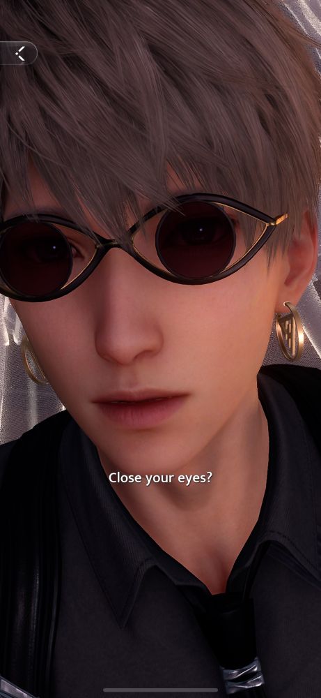 Xavier from Love and Deepspace wearing sunglasses that mimic open eyes, bunny ears, a wedding veil, heavy gold earrings and a dark suit with a black leather harness over it. Text: Close your eyes? 