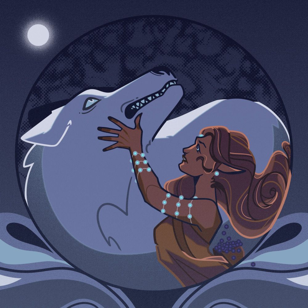 a digital illustration from 2019, of an elven woman holding a large white wolf's face under the moonlight as the distressed wolf reacts to the full moon. the illustration is rendered using lineart and cellshading.