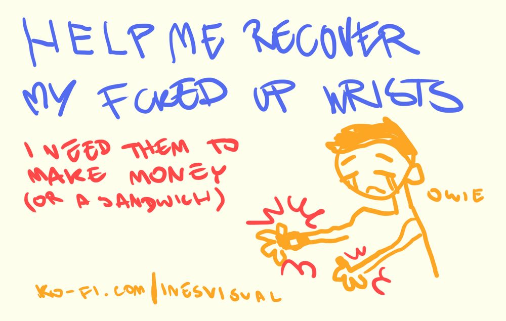 a wonkly doodle of me saying "owie", with text around saying "help me recover my fcked up wrists. i need them to make money (or a sandwich). and a link to my donation page