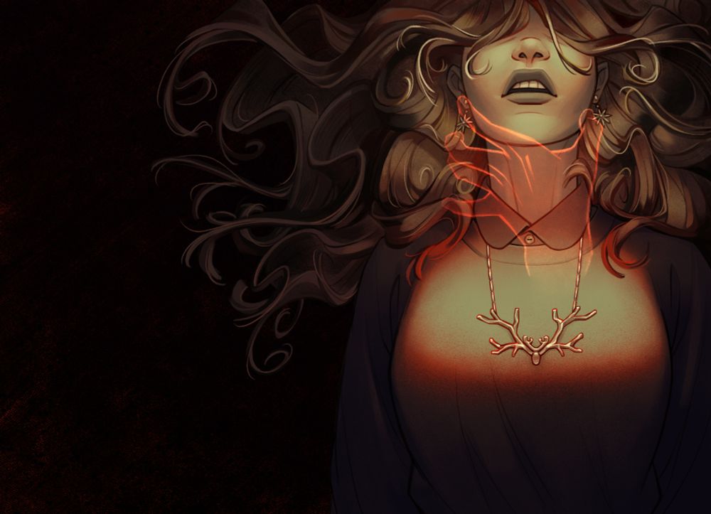a digital illustration from 2025 of a woman's bust in dramatic lighting with hair flowing behind her as she's tense in front of a red, ghostly hand that floats in a choking gesture around her neck. the illustration is rendered using a mix of techniques between painting, stippling, and a minimal amount of lineart.