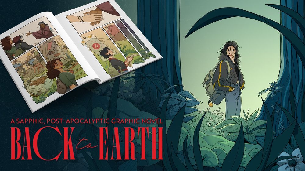 cover art of a graphic novel: an illustration of a woman standing in a forest and looking behind her. we see her through undergrowth. the woman is dressed in a travelling manner with a big backpack, surrounded by lush, mysterious greenery. there's a logo in the bottom left corner that says "a sapphic, post-apocalyptic graphic novel BACK to EARTH". there's a 3d render of an open graphic novel in the upper left corner that shows two women travelling through sights of a post-apocalyptic community. it seems positive, for the most part.