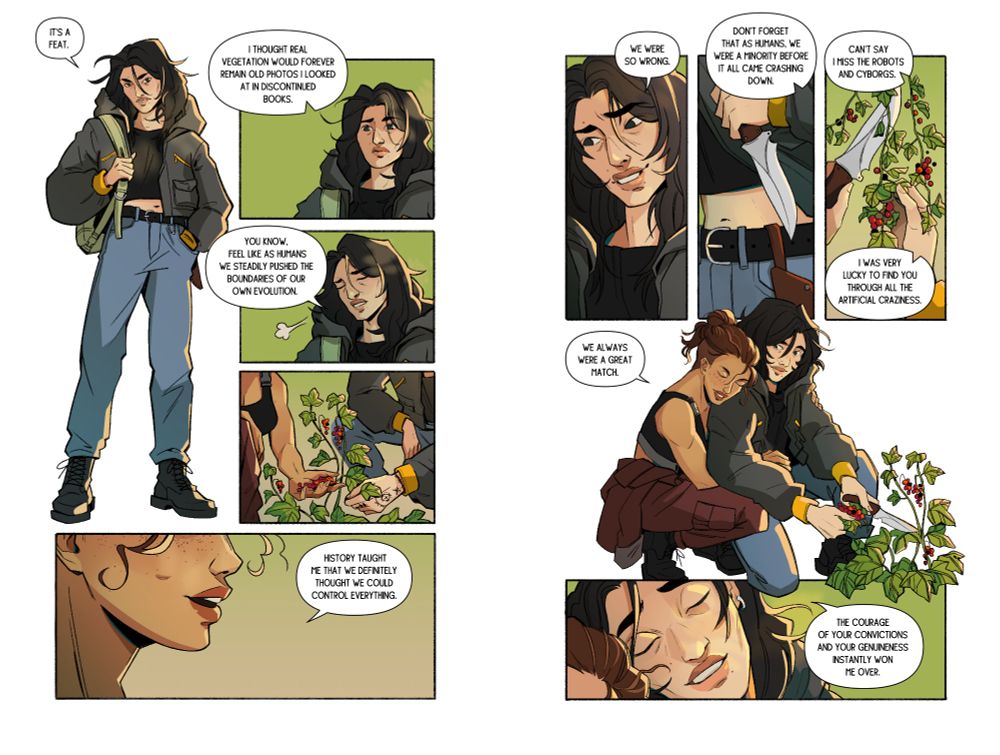 two pages of a graphic novel. we see two women cutting off some berries from a shrub as they're talking about thinking they'd never see real vegetation again; about how wrong they were about the apocalypse; about how well they click together. they're very intimate and tender with each other, even in a simple moment like a short break during travel.