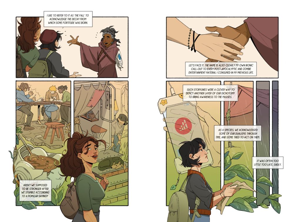 two pages of a graphic novel. we see two women travelling through sights of a post-apocalyptic community. it seems positive, for the most part. the women are the same characters as on the previous image. we see that there's no working mobile service in this world, but some sort of DIY electricity prevails, as people are working on fixing cyborg arms. there's also a cute dog on a porch.