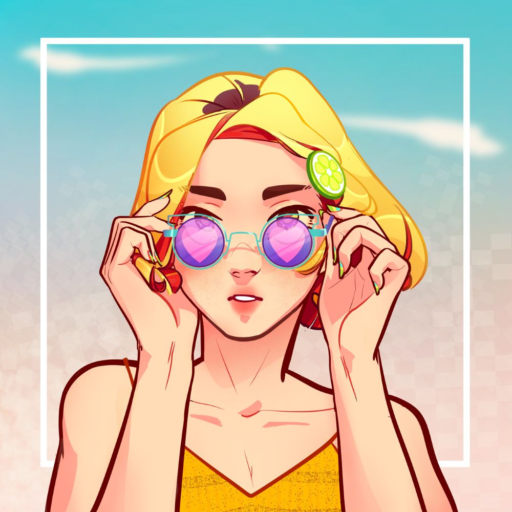 a square bust portrait of a girl with colorful nails and purple sunglasses. a very summery, shiny vibe. the girl is looking at you over her sunglasses which she's holding slightly with her both hands, lowering them just a little bit. a strand of her hair is curling inside the left palm. she has a short blond bob with the inner side of hair being bright, dyed red. there's also a hairpin that looks like a slice of lime that holds her asymmetrical bangs. there's no background, just a pink-blue gradient with some blurry blobs to imitate clouds.