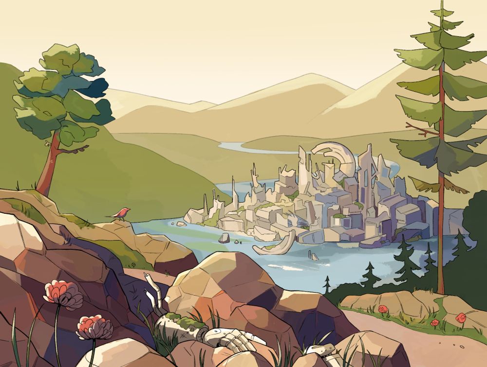 a double-page spread of a graphic novel. a quiet illustration of a ruined, abandoned city, surrounded by greenery of Mother Nature. we see parts of robots scattered in the foreground and overgrown by moss.