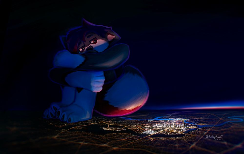 Dark, late evening, mid-horizon, aerial setting with city lights sprawled across the scene. Macro Ricky is in a sitting, hugging knee, pose. He is staring down at the city, looking ponderously. 