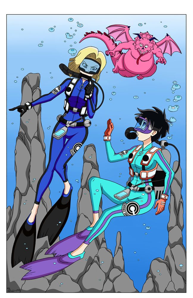 Videl and Android (Cyborg) 18 from Dragon Ball underwater in Scuba Diving Gear.

Color Commission for: Unknownbe

Picture Concept and Line art by: Shoxxe

Coloring by: The-Sakura-Samurai