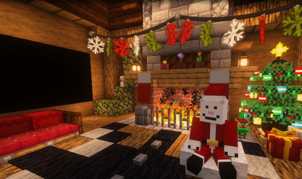 Cucurucho (a white bear thing) sitting at a fireplace.