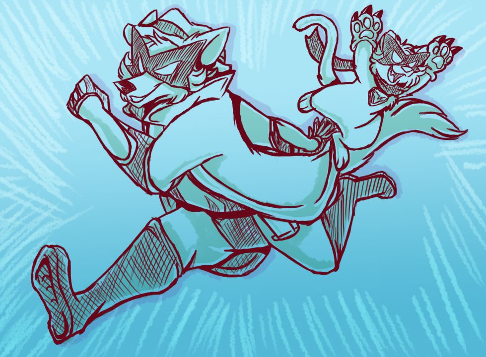 Anthro wolf dressed as a detective based superhero, and small anthro kitten dressed as a hero with a mask, scarf and paw gloves.