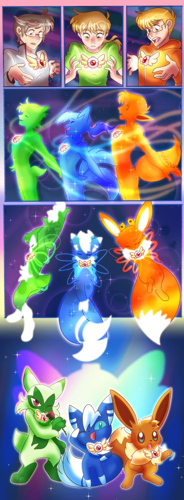 Magical girl style pokemon mystery dungeon transformation sequences as three guys become from left to right, Floragato, Meowstic and eevee respectively.