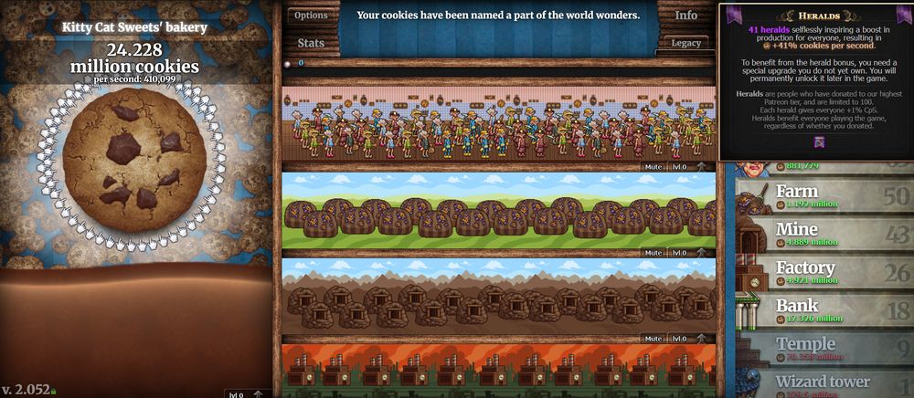 Screen shot of the main page of Cookie Clicker showing various upgrades clicking the cookie.