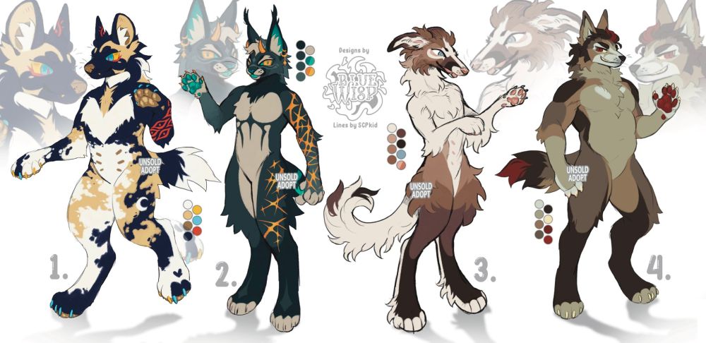A row of four furry designs, the first is an African wild dog with a series of eye markings. The second is a lynx with golden scars and horns, sporting teal accents. The third is a borzoi, gentle browns, baby blue and pink. The fourth is a coyote, muted natural tones and blood red accents.