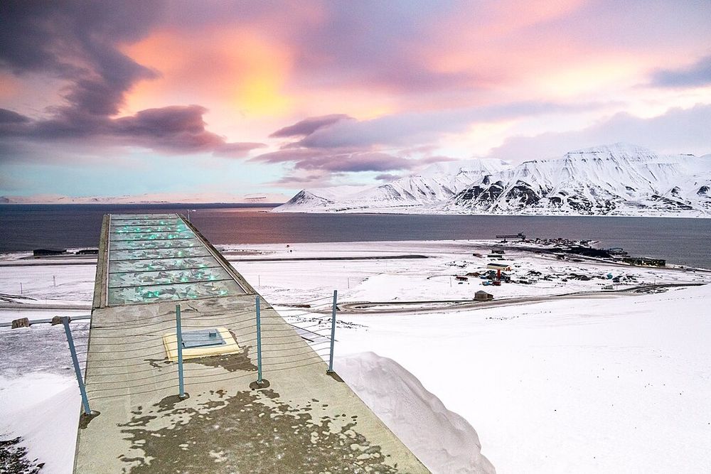 Svalbard Global Seed Vault top view at sunrise, February 2025