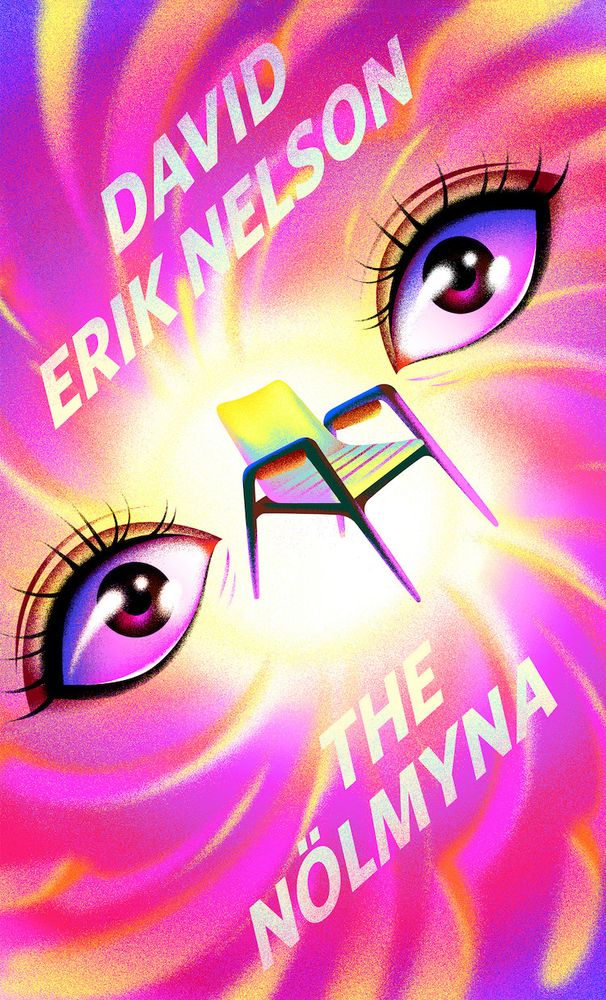 cover art for the story "The Nolmyna" by David Erik Nelson, now available to read online: https://reactormag.com/the-nolmyra-david-erik-nelson/ The art shows a pair of eyes and an unassuming--yet potentially deadly--chair. The background is a vivid and disturbing swirl of colors.