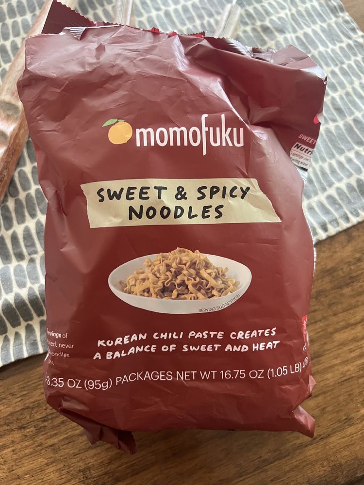 A picture of a package of “momofuku sweet & spicy noodles”