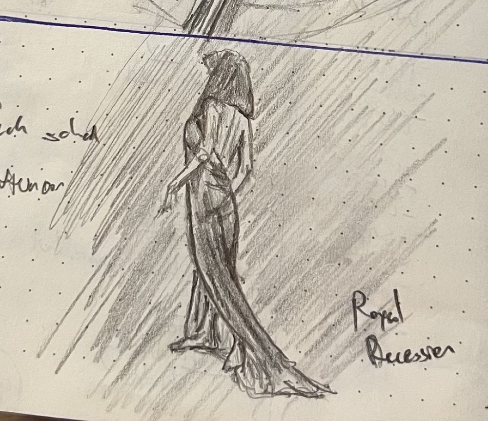 Full length pencil sketch of a strong, shrouded queen gracefully walking away. 