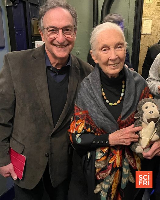 Photo of Ira Flatow and Jane Goodall taken in 2024 during her 90th birthday celebration."