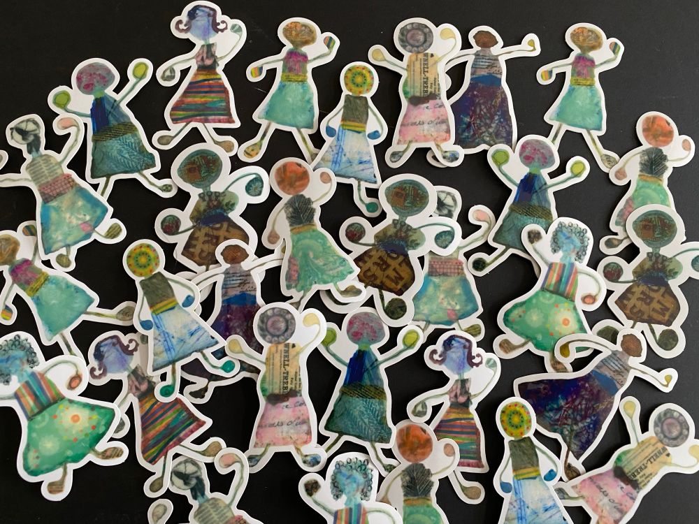 A collection of stickers featuring encaustic mixed media/collage Mighty Girls. 