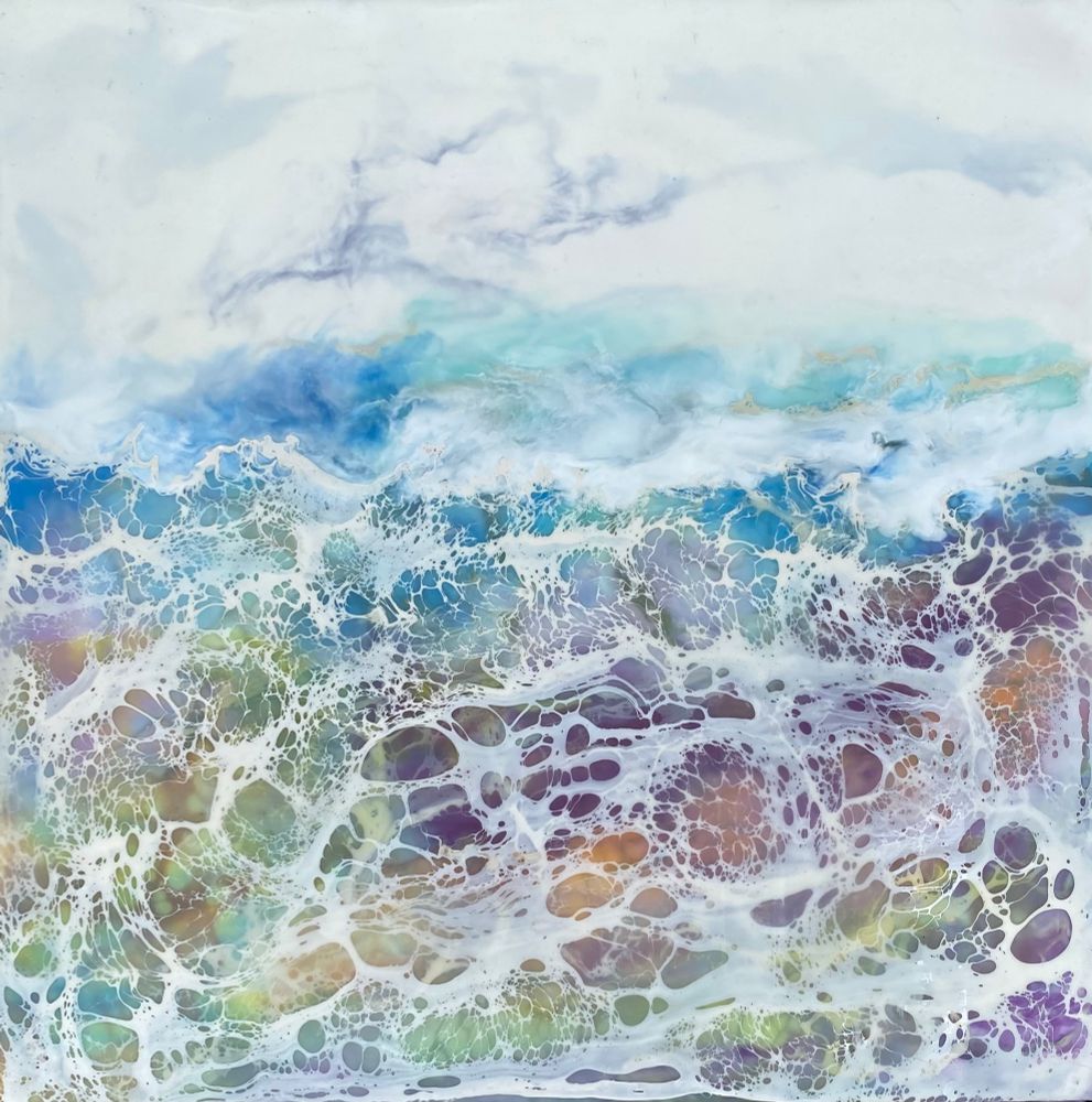 Multicolored encaustic painting. Abstract seascape with reticulated white shellac.