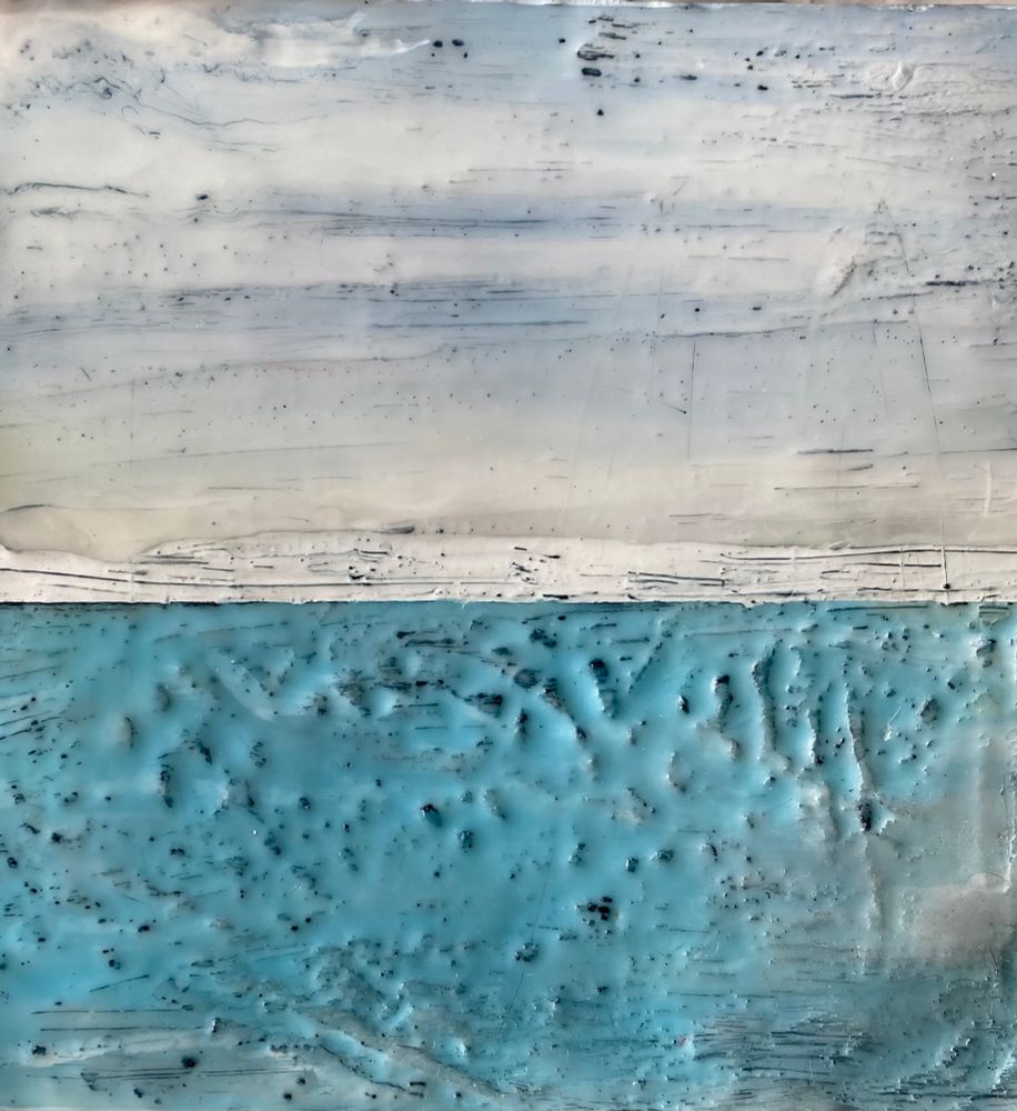 Square abstract encaustic painting in blue, turquoise, and white