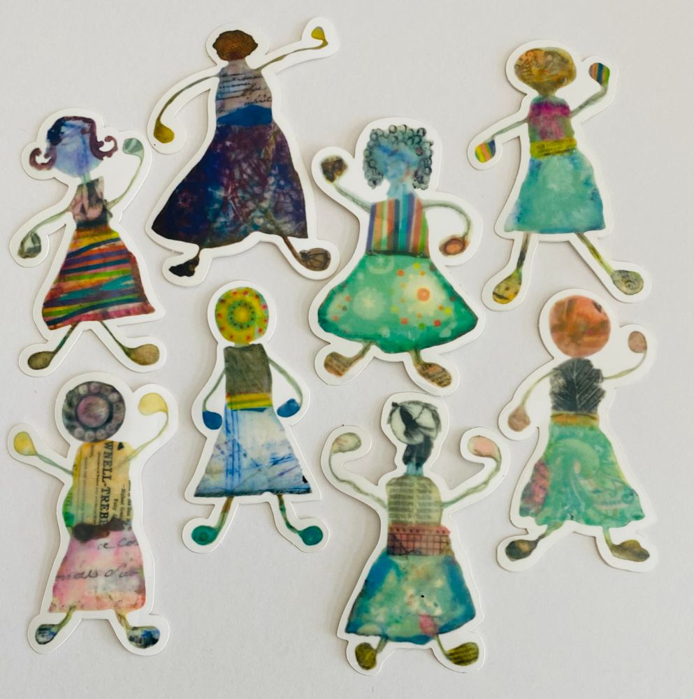 Assorted stickers depicting encaustic mixed media paintings of folk art girl figures made from collage and string and ink and paint and encaustic medium
