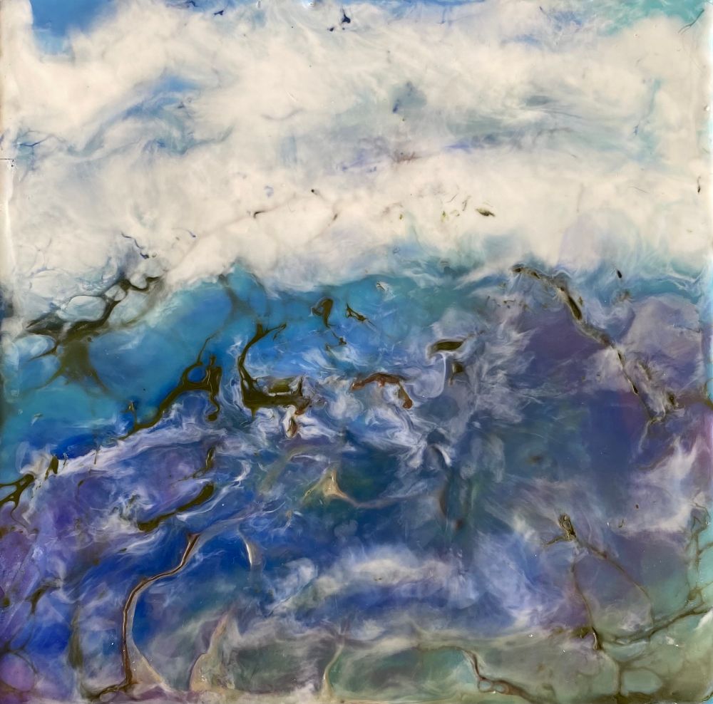 Abstract enclastic landscape in blue, purple, and green with amber shellac accents