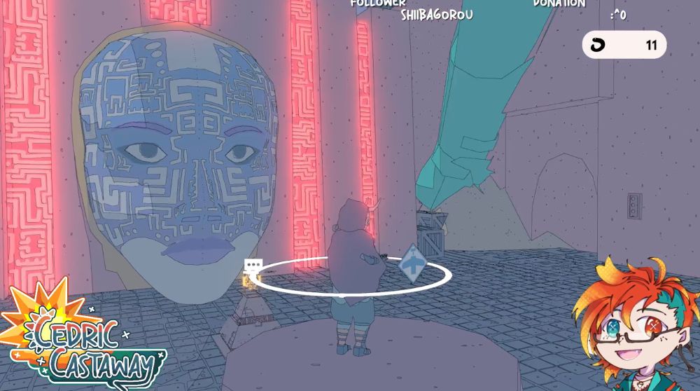 a screenshot from cedric's stream of the game 'sable', showing sable standing on apodium in front of a large statue of a face easily more than twice her height. the face is blue, covered in white geometric patterns. sable has a white ring around her indicating her compass function, the icons for her bike/plane indicated on top of it.
cedric's logo is on the bottom left of the screen, with his smiling png model on the bottom right