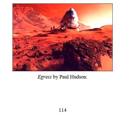 Image shows a lander on the surface of Mars with the Caption "Egress By Paul Hudson." A page number of 114 is located at the bottom of the image. The image is from NASA NTRS Document #20190023004.