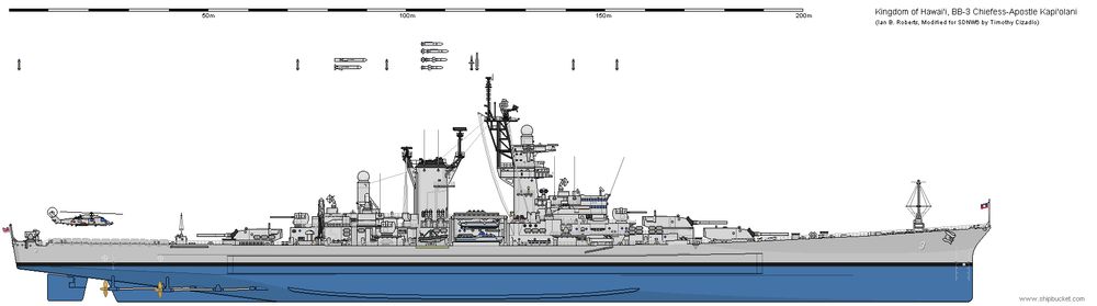 A heavily modified ALASKA Class large cruiser in shipbucket style marked as "Kingdom of Hawai'i BB-3 Chiefess-Apostle Kapi'olani