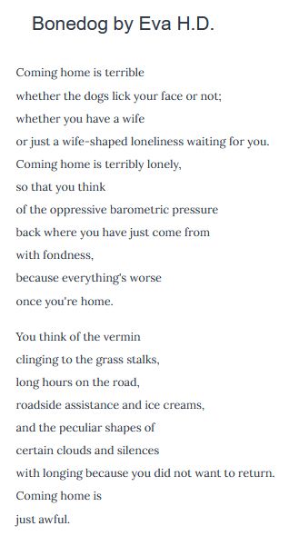 Bonedog by Eva H.D.

Coming home is terrible
whether the dogs lick your face or not;
whether you have a wife
or just a wife-shaped loneliness waiting for you.
Coming home is terribly lonely,
so that you think
of the oppressive barometric pressure
back where you have just come from
with fondness,
because everything's worse
once you're home.

You think of the vermin
clinging to the grass stalks,
long hours on the road,
roadside assistance and ice creams,
and the peculiar shapes of
certain clouds and silences
with longing because you did not want to return.
Coming home is
just awful.
