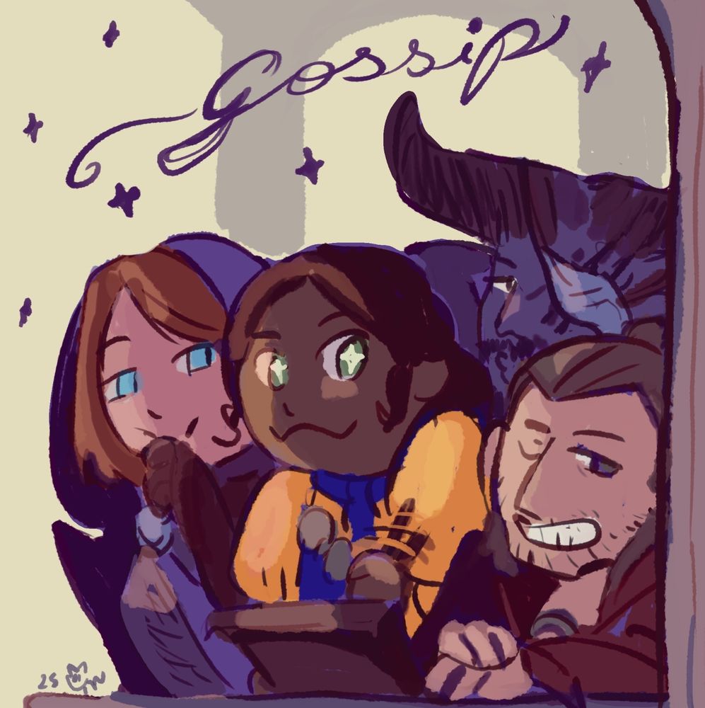 Digital sketch (colored) of chibi style Varric (toothy smile and winking), Josephine (smiling excitedly, taking notes, stars in eyes), Leliana (hand over lips, smiling Cunningham, semiclosed eyes), and iron bull (behind them all, making a kiss face) looking from behind a column and half hidden by shade. Above them, in purple (like the shade hue), the word "Gossip" is written in cursive with purple sparkles around.