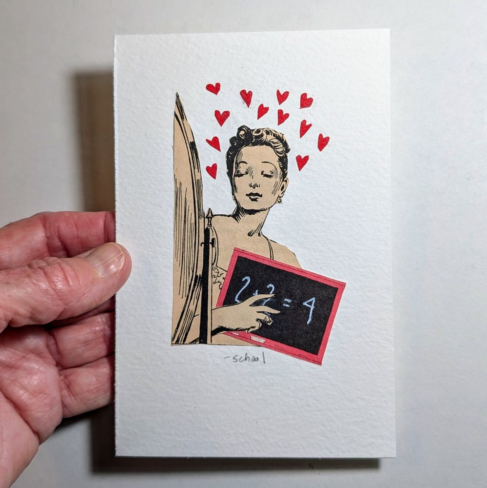 Vintage illustration of woman at mirror holding an old-fashioned chalkboard with hearts above her head 