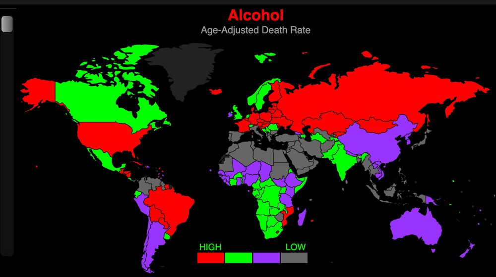 World map showing parts of the world which have the highest alcohol deaths. The middle east has fewer deaths by alcohol while Russia, US and Europe have the highest.