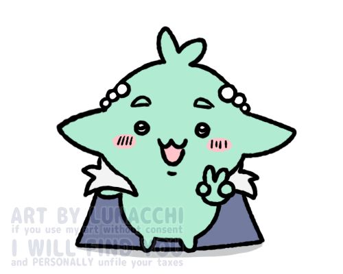 Zee's OC Castor as a Chiikawa creature. He holds up a hand in a peace sign.