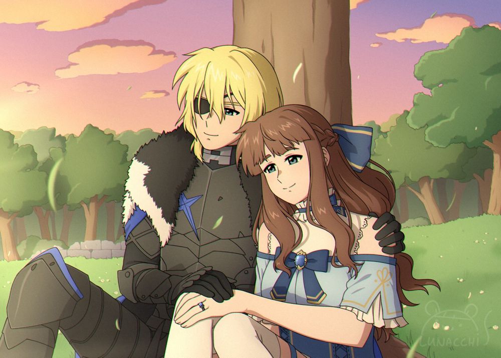 An illustration of Dimitri from Fire Emblem Three Houses together with my sona. They hold hands and cuddle as they watch the sunset together.