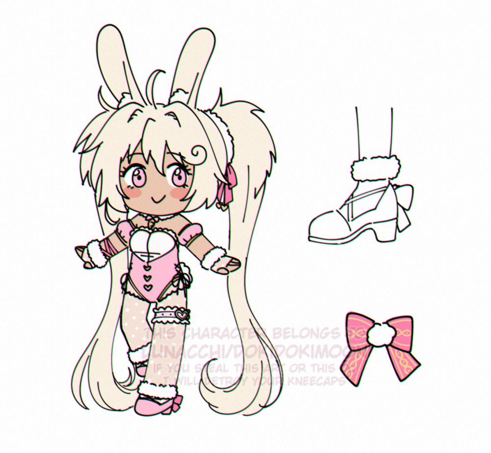 A colored doodle of Lavie's fullbody design in chibi form. Next to her is the side view of her shoes and front view of the large bow behind them.