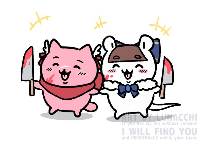 Char's OC Cherry and my OC Luna as Chiikawa creatures. They're laughing as they run around holding sharp knives covered in berry jam (trust).
