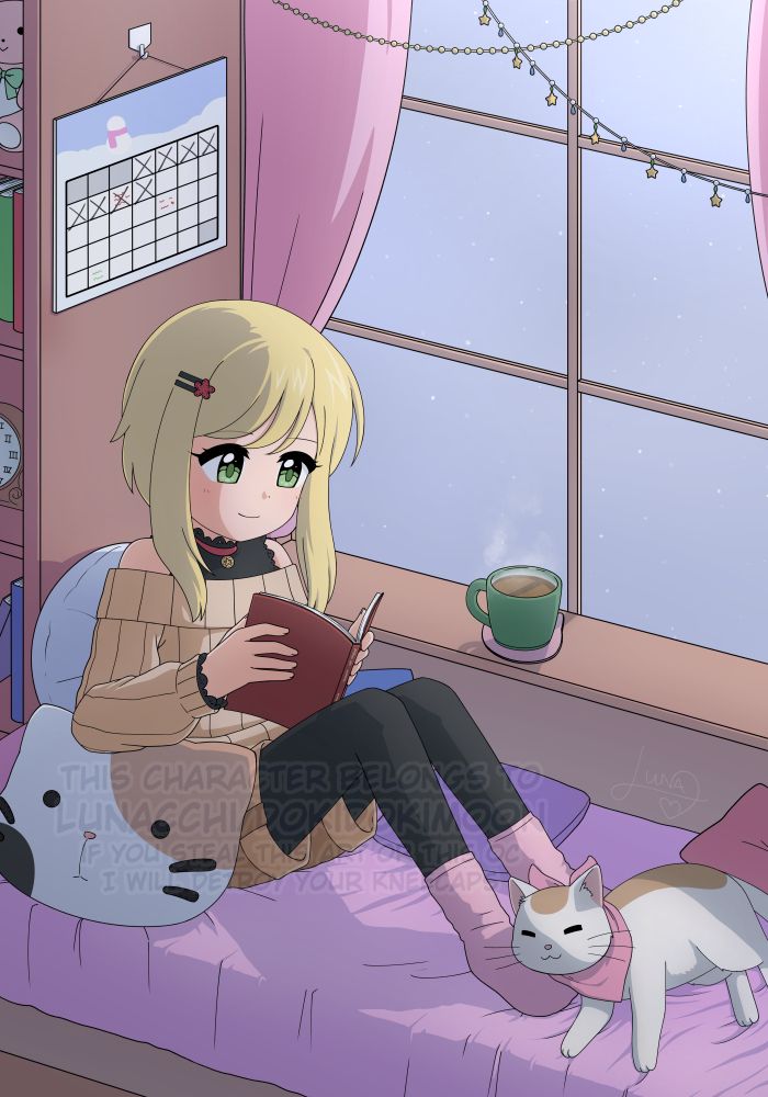 An illustration of Miwako reading by her apartment window. Her cat Hina is lying down on her feet.