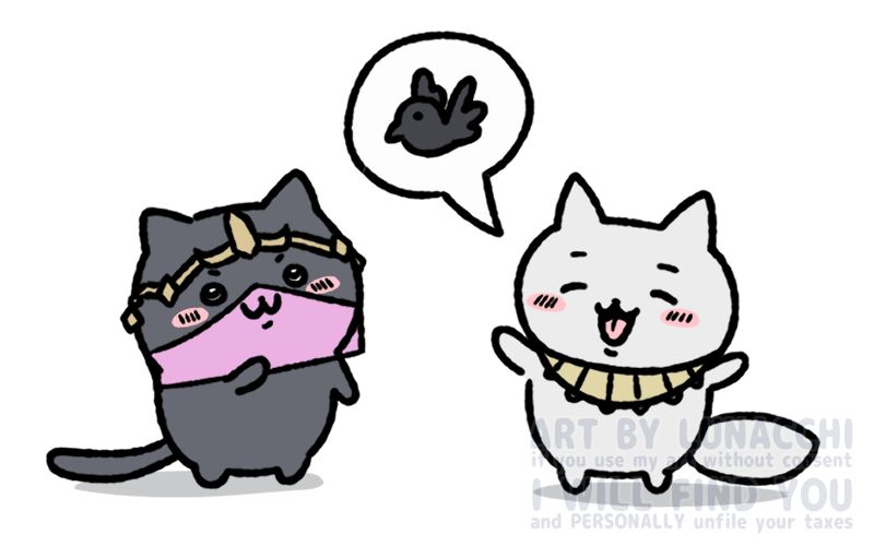 Nyx and Henry from Fire Emblem as Chiikawa creatures. Henry is talking to Nyx about crows.