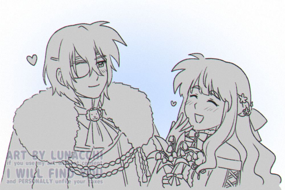 Grayscale doodle of Dimitri and Luna in their Day of Devotion outfits, with a splash of blue at the back.