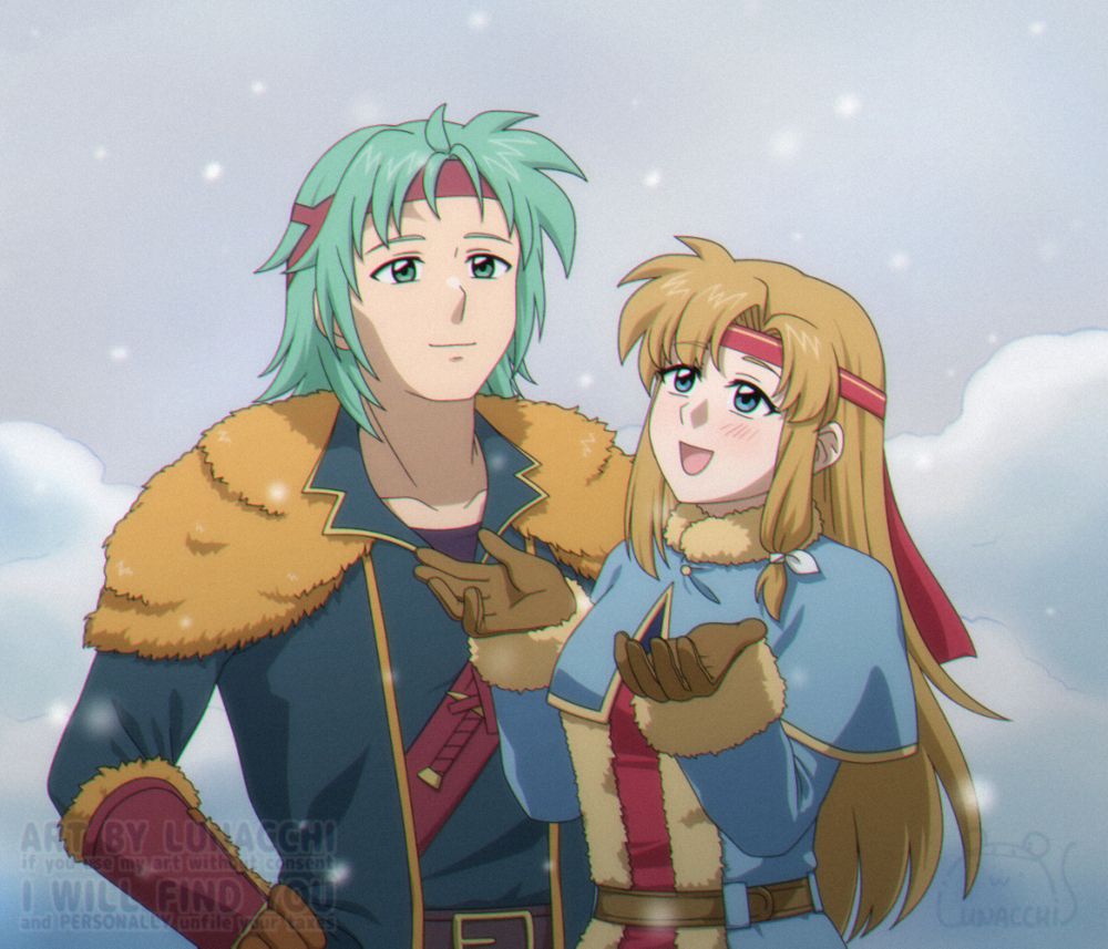 An illustration of a couple in the snow.