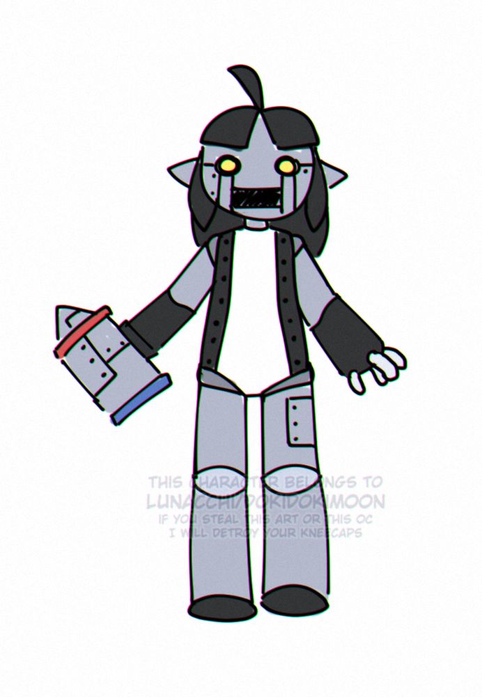 A colored doodle of my original character MerinBot. She has a hammer instead of a right hand, with one side of it having a spike.