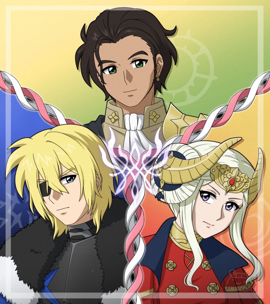 An illustration of Dimitri, Claude and Edelgard to celebrate Fire Emblem Three Houses' fifth anniversary.