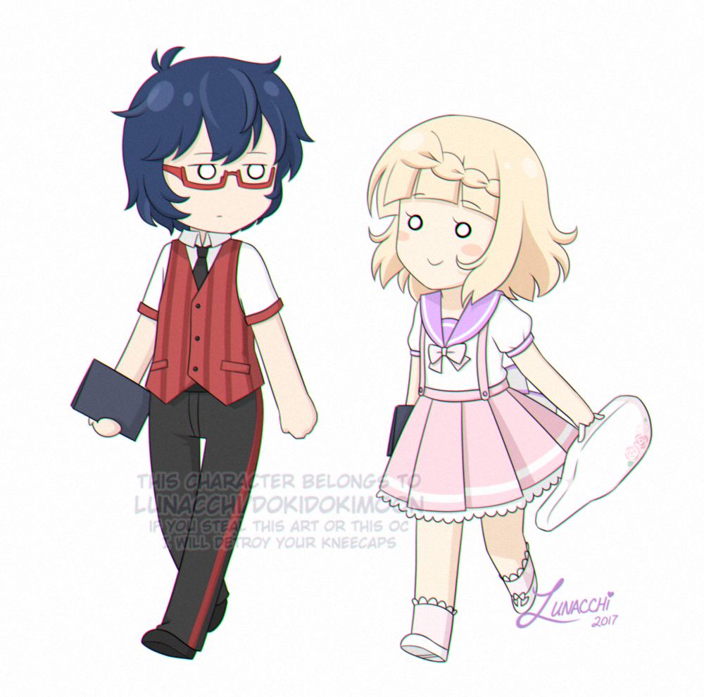 A chibi (?) illustration of Devon and Anya walking together. They are wearing their summer uniforms.