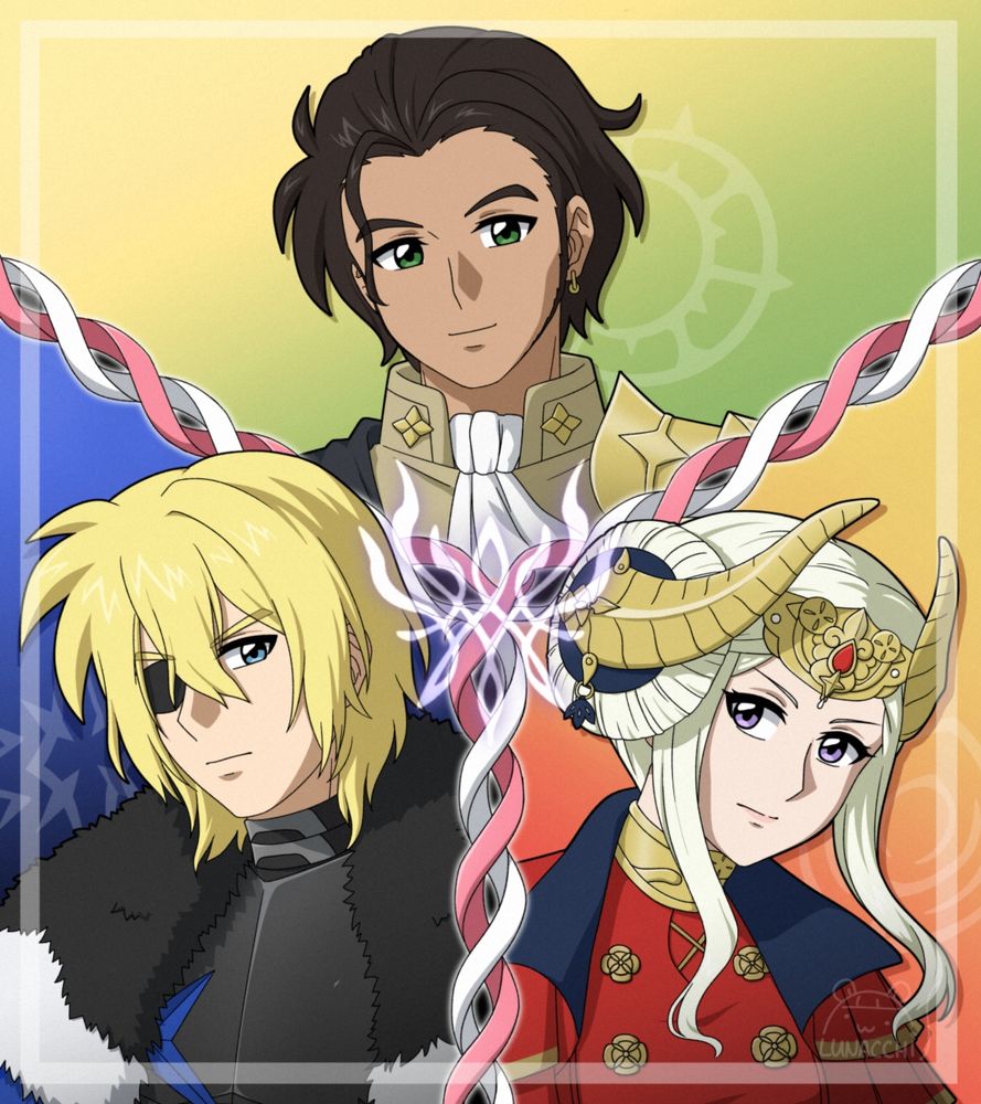 An illustration of the 3 main House leaders of Fire Emblem Three Houses, Dimitri Alexandre Blaiddyd, Claude von Riegan, and Edelgard von Hresvelg. Pink and white ribbons entertwine as a divider between the characters, with a glowing Crest of Flames in the center.