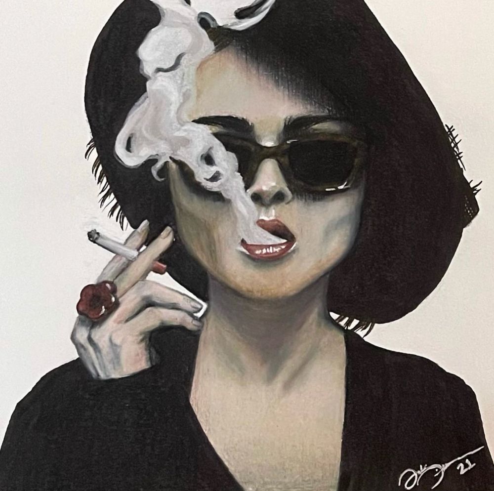 Helena Bonham Carter as Marla Singer in Fight Club smoking - drawn with colored pencil on white paper.