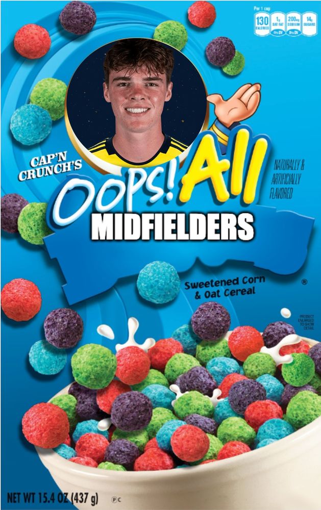 Box art of "Oops! All midfielders" cereal, in the style of Captain Crunch cereal's "Oops! All berries", and with an image of new on-loan offensive midfielder Matthew Corcoran where Captain Crunch's face would be.
