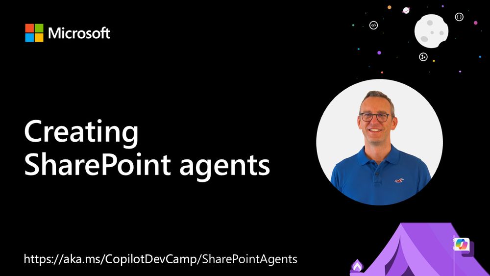 Promo slide with "Creating SharePoint agents" title and URL for https://aka.ms/CopilotDevCamp/SharePointAgents