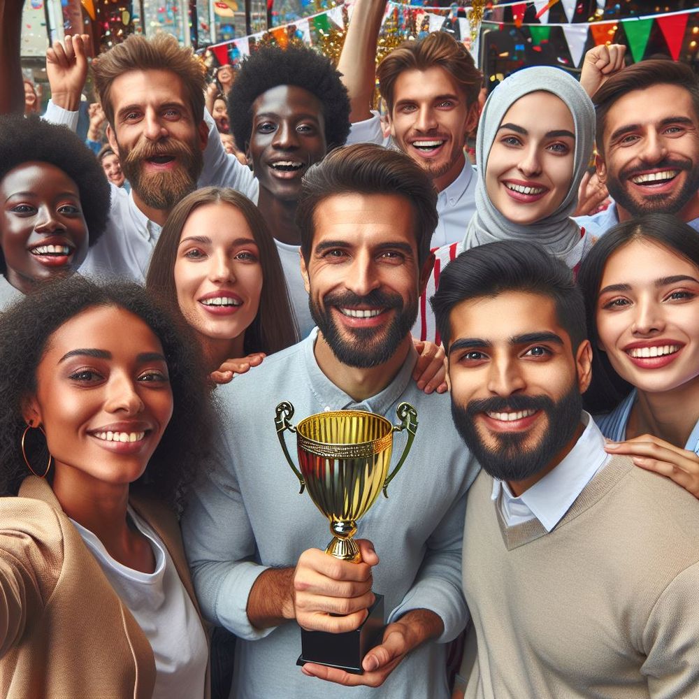 An group of people holding a golden winner's trophy together.